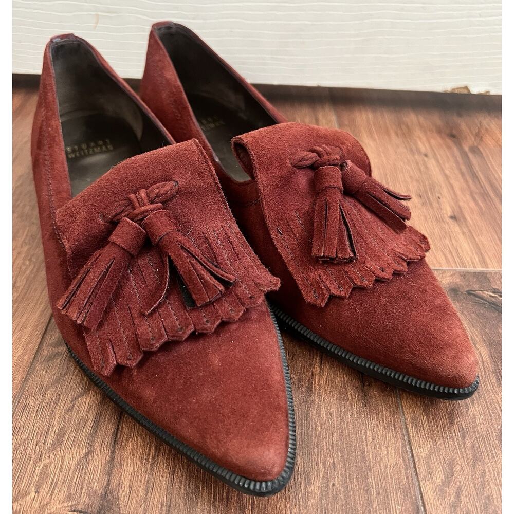 STUART WEITZMAN Avatass Terracotta Suede Kiltie Tassel Loafers - Picture 1 of 10